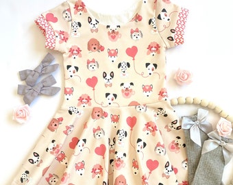 パピーラブ ツイル ドレス、犬好きのドレス、幼児用パピードレス、女の子の春の服装、犬とハート、女の子の春の服