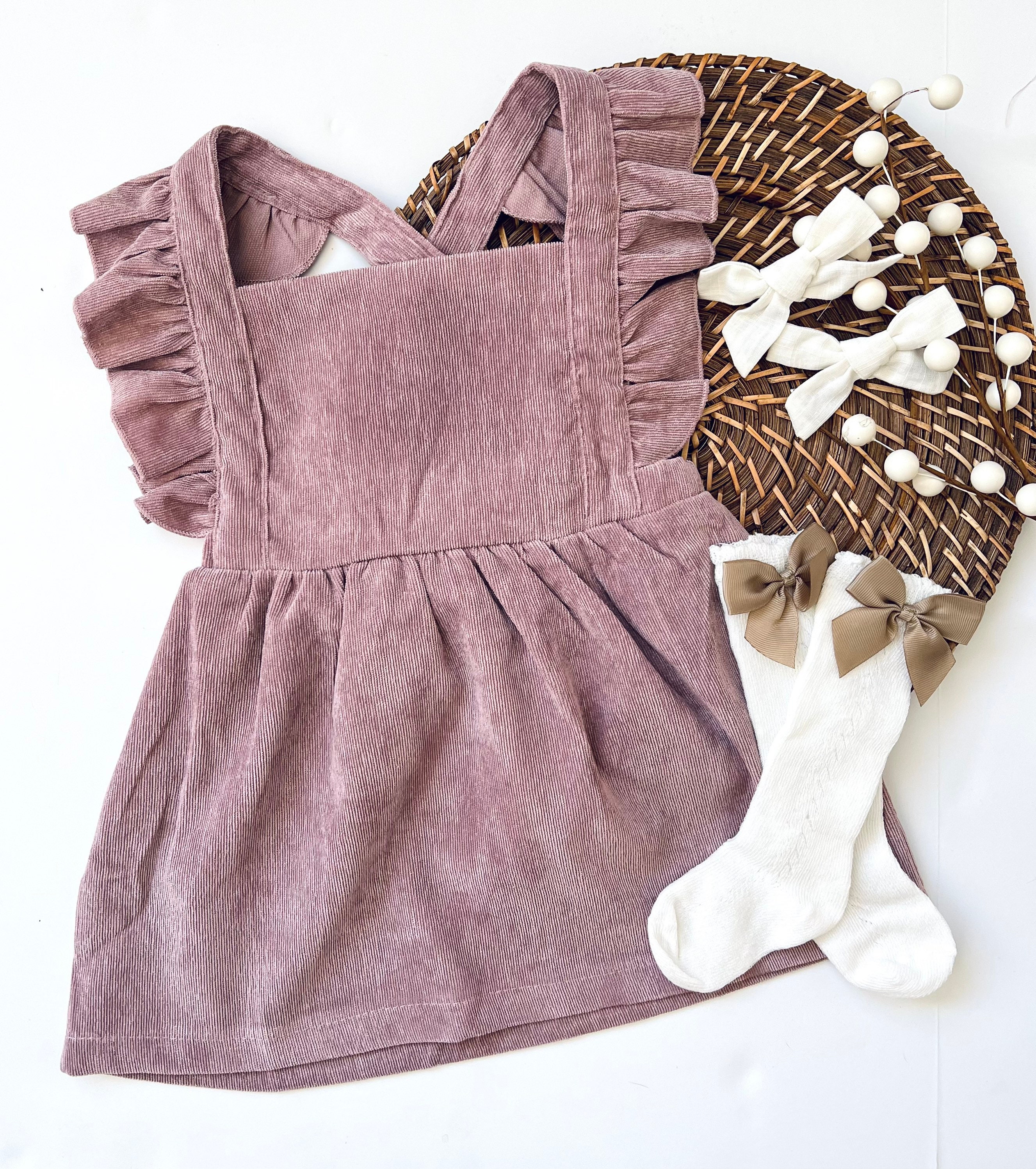 Toddler Spring Outfits, Baby Girl Dress, Girls Mauve Corduroy Pinafore, Pink Mauve Corduroy Dress, Boho Toddler Clothing, Ready to Ship