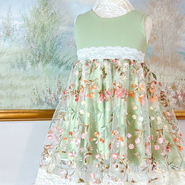 Spring Floral Twirl Dress for Girls, Lace Dress, Fancy Spring Dress, Toddler Outfits, Twirl Dress, Baby Flower Girl Dress