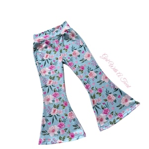 Girls Bell Bottom Pants Toddler Girl Spring Hearts Floral Bells Hippie Baby Bell Bottoms, Flare Leg Pants for Toddlers, Babies, and Big Kids
