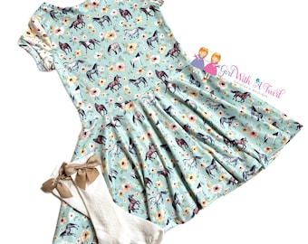 Horse Twirl Dress, Pony Dress, Toddler Flower Dress, Horse Outfit, Girls Farm Animal Dress, Pony Party Dress