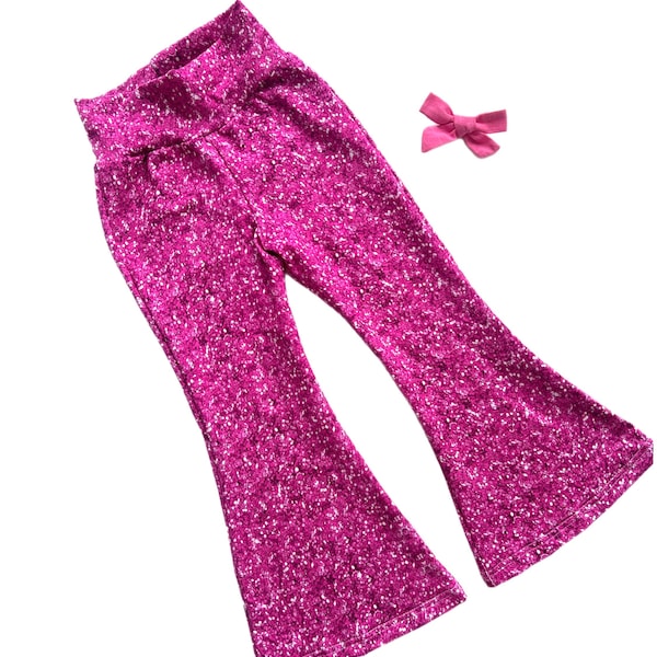Girls Pink Faux Glitter Sparkly Bell Bottom Pants, Flare Leg Pants for Toddlers, Babies, and Big Kids