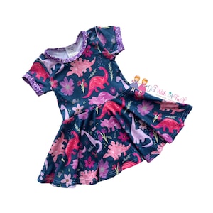 Dinosaur Dress for Girls, Toddler Dino Outfit, Purple and Pink Dinosaur Twirly Dress, Two-Rex Party Dress
