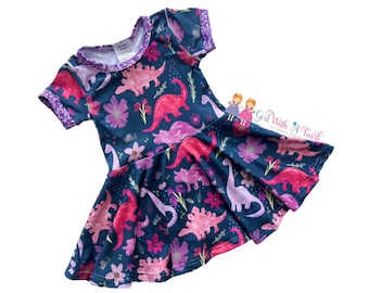 Dinosaur Dress for Girls, Toddler Dino Outfit, Purple and Pink Dinosaur Twirly Dress, Two-Rex Party Dress