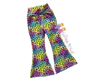 Girls Neon Leopard Cheetah Print Hippie Bell Bottom Pants, Toddler Bells, Kids Flare Pants