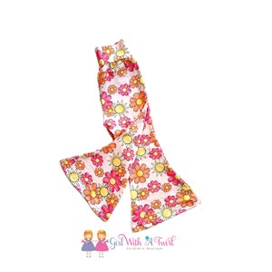 Girls Boho Hippie Bell Bottom Pants, Sunshine and Floral Print Flare Leg Pants for Toddlers, Babies, and Big Kids