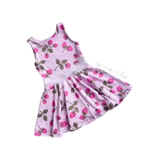 Toddler Girls Dress Strawberry Print Twirl Dress for Baby Summer Strawberry Picking Outfit Girls Lace Twirly Knit Dress
