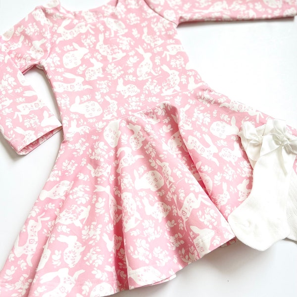 Spring Bunny Twirl Dress For Baby, Toddler, and Girls - Pink or Blue, with White Bunnies and Flowers