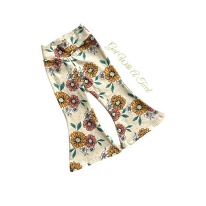Girls Boho Hippie Bell Bottom Pants, Floral Print Flare Leg Pants for Toddlers, Babies, and Big Kids