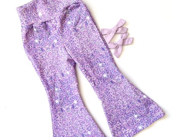 Girls Sparkly Bell Bottom Pants, Faux Glitter Purple Flare Leg Pants for Toddlers, Babies, and Big Kids