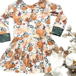 Autumn Pumpkin Floral Fall Twirl Dress, Baby Fall Dress, Pumpkin Dress, Toddler Girls Fall Clothing, Baby gift