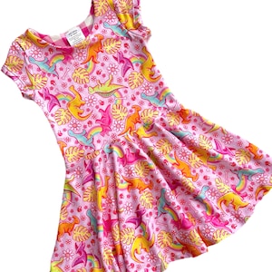 Dinosaur Dress for Girls, Neon Dress, Toddler Dino Outfit, Girly Dinosaur Twirly Dress, Two-Rex Party Dress