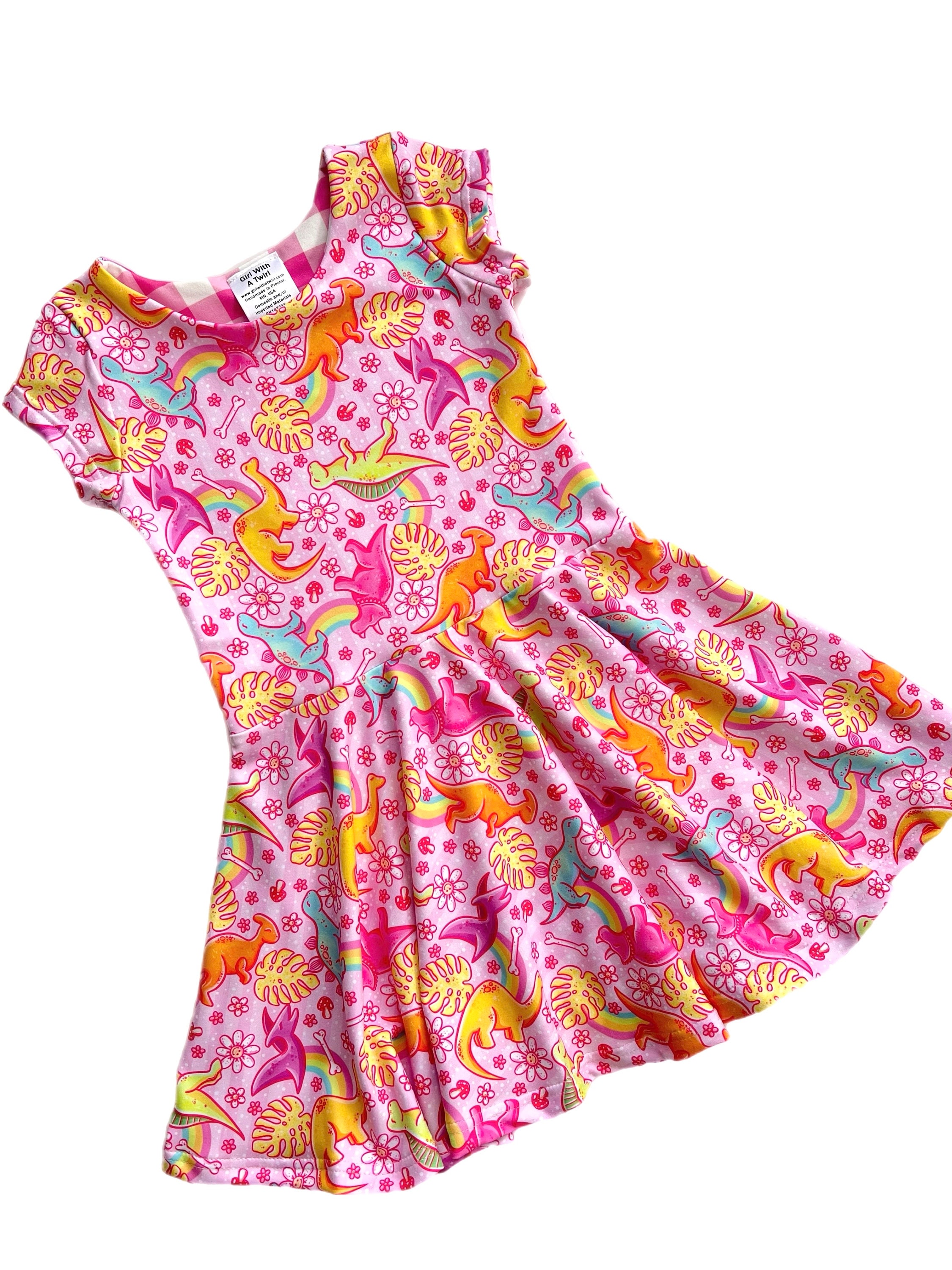 Robe dinosaure pour fille, robe fluo, tenue dinosaure pour tout-petit, robe Twirly dinosaure girly, robe de soirée deux rex