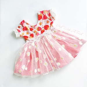 Baby Girl 6-9m Strawberry Dress, Baby Lace Tulle Dress with Daisies and Berries, Ready to Ship