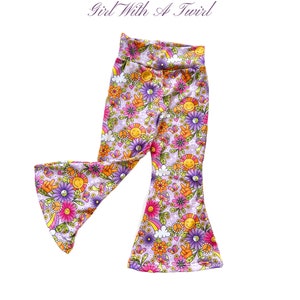 Girls Boho Hippie Bell Bottom Pants, Peace and Love  Flare Leg Pants for Toddlers, Babies, and Big Kids