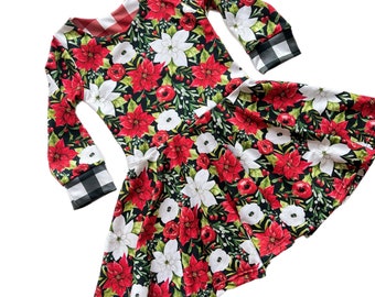 Winter Floral Twirly Dress for Baby, Toddler, and Big girls, Poinsettia dress, Winter Florals in Red, Green, White and Black