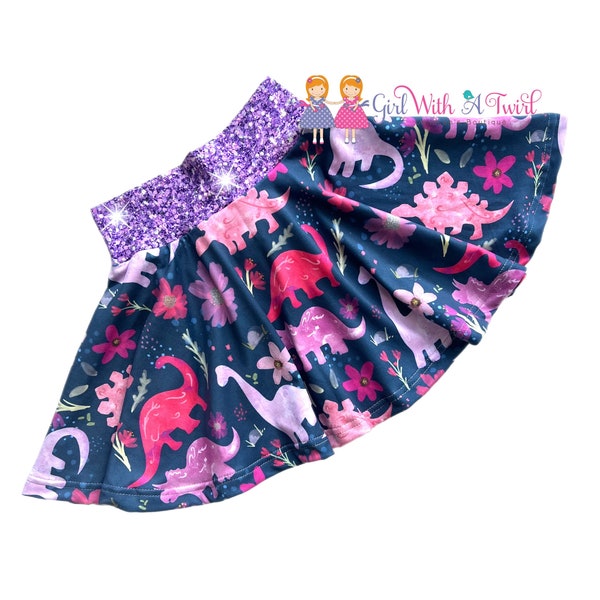 Girly Dinosaur Outfit, Toddler Pink and Purple Dino Twirly Skirt