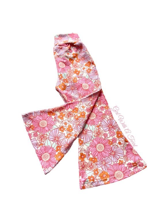 Girls Bell Bottoms: Retro Pink Floral Flare Pants