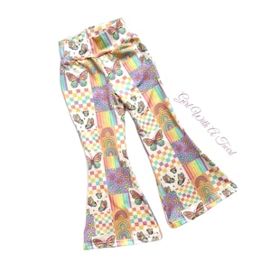 Girls Boho Bell Bottom Flare Pants, Hippie Groovy Party Outfit Pants for Toddlers, Babies, and Big Kids