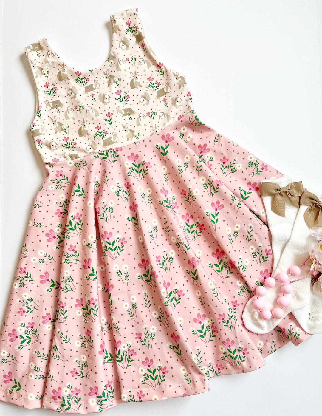 Petit Bebe Knits Girls Aqua Check Smocked Cottontail Bunny Dress with Collar main image 1
