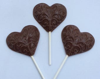 12 Chocolate heart pops chocolate filigree heart favors chocolate heart lollipop