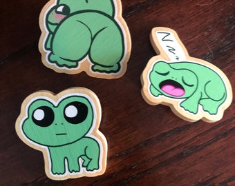 Amphibifriends - Cute Wooden Frog Pins - TBH Frog, Butt Frog, and Sleepy Frog Wooden Pins