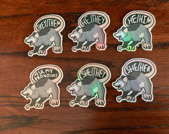 Pronoun Possums - Holographic Waterproof Opossum Pronoun Stickers
