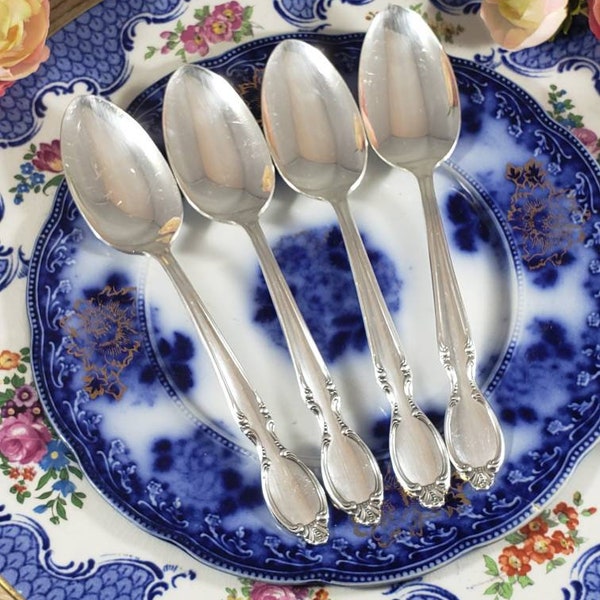 1954 PRECIOUS MIRROR Set of 4 Teaspoons, Dessert Spoons, Vintage Wm Rogers silverplate flatware, Mid Century 1950s Antique silverware set