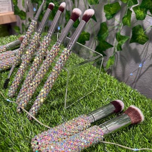 May include: A collection of makeup brushes with silver metal handles and sparkling, iridescent rhinestone-covered grips. The brush heads are a mix of white and dark brown. The brushes are arranged on a clear acrylic stand and green grass.