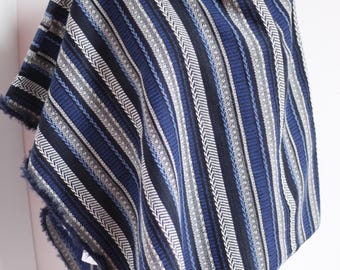 Navy Aztec Striped Asymmetrical Poncho with Faux Fur Trim, Boho Wrap Shawl,