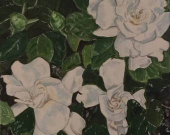 Gardenias is 12"x12" original acrylic painting on wrapped canvas.