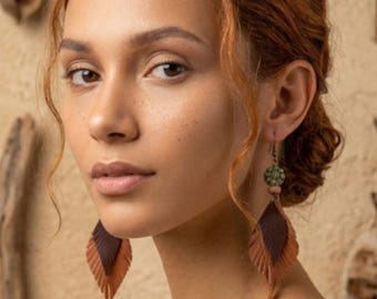 Boho Handmade Leather and Ceramic Earrings | Long Handmade Earrings | Rustic Ethnic Jewelry | Shipping from the Canary Islands