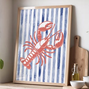 Striped Lobster Printable Wall Art, Blue Red Colorful Kitchen Poster, Coastal Vintage Poster, Instant Download, Eclectic Retro Seafood Print