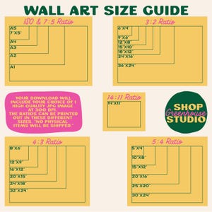 May include: Wall art size guide showing different aspect ratios, including ISO, 3:2, 4:3, 5:4, and 14:11. The guide displays dimensions in inches for print sizes. Includes the text "Shop Greenhouse Studio".