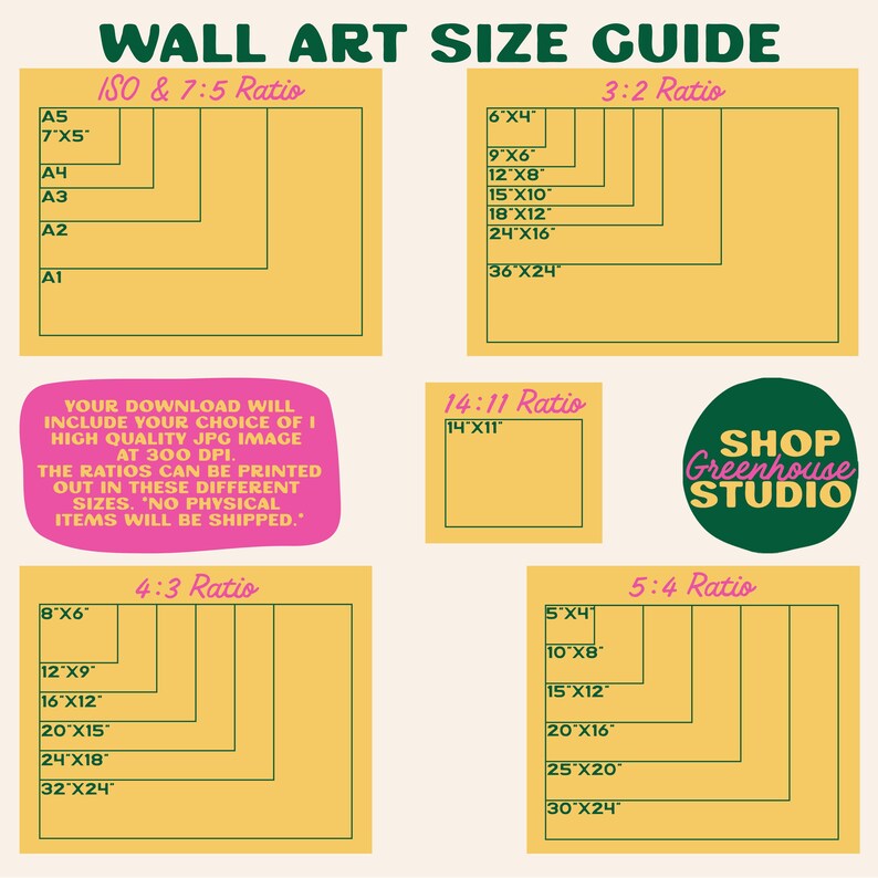 May include: Wall art size guide showing different aspect ratios, including ISO, 3:2, 4:3, 5:4, and 14:11. The guide displays dimensions in inches for print sizes. Includes the text "Shop Greenhouse Studio".