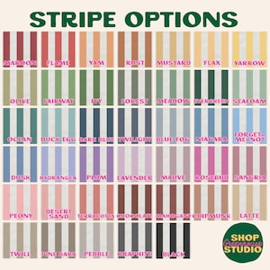 May include: A colour chart showcasing stripe patterns with names such as "Maroon," "Flame," and "Mustard." The text "Stripe Options" is at the top. The bottom right corner features a "Shop Greenhouse Studio" logo.