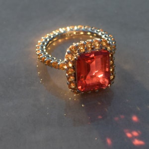 Orange/Red Topaz Sterling Silver Ring w citrine accents around stone and band, Size 8 vintage, cocktail ring, orange/red topaz 925. Free s/h