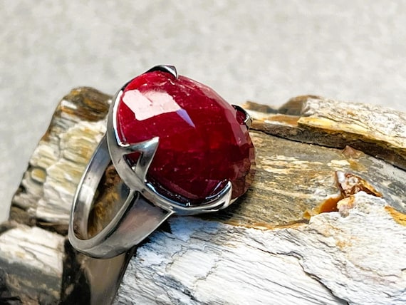 Genuine Ruby Checkered Cabochon Ring in Sterling … - image 1
