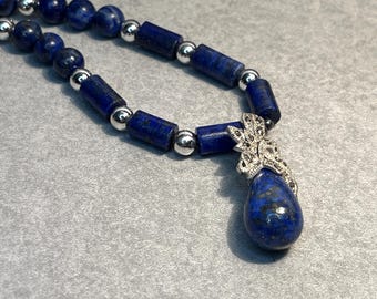 Lapis Lazuli Sterling Silver Necklace, Marcasite Pendant, Handmade