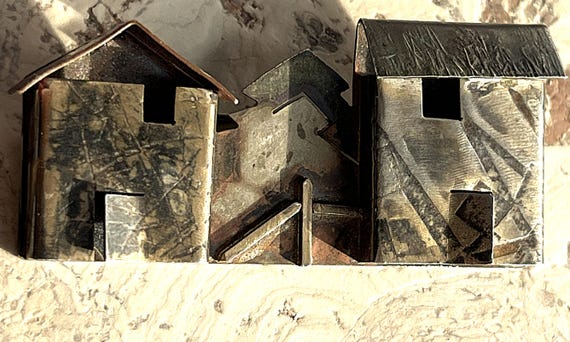 Vintage Mixed Metal Pin Brooch Sculpture Rustic Buildings, Trees, and Fence - Part Sterling Silver View 6