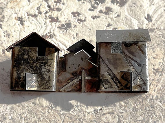 Vintage Mixed Metal Pin Brooch Sculpture Rustic Buildings, Trees, and Fence - Part Sterling Silver View 5