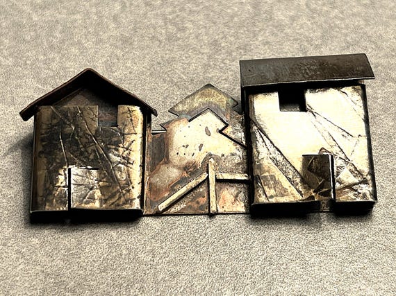 Vintage Mixed Metal Pin Brooch Sculpture Rustic Buildings, Trees, and Fence - Part Sterling Silver