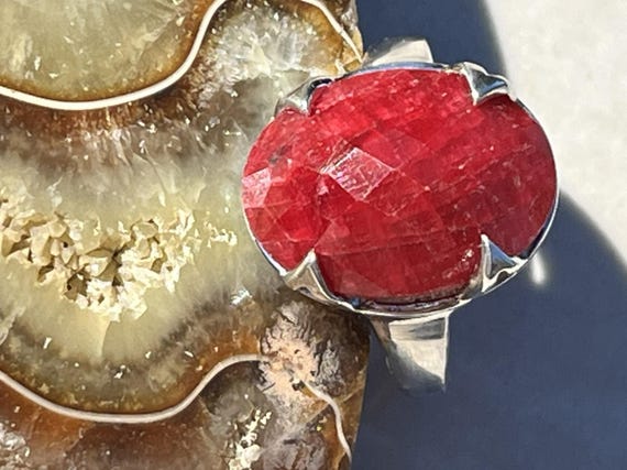 Genuine Ruby Checkered Cabochon Ring in Sterling … - image 2