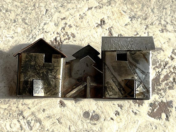 Vintage Mixed Metal Pin Brooch Sculpture Rustic Buildings, Trees, and Fence - Part Sterling Silver View 3