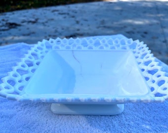 VINTAGE! Westmoreland Milk Glass Square Dish w/ Lattice Edges