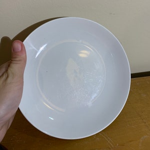 May include: A white ceramic plate with a slightly textured surface. The plate is clean and appears to be new.