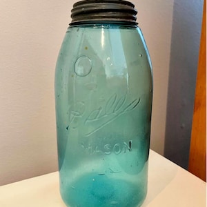 VINTAGE! Aqua Clear Glass Canning Fruit Mason Ball Jar W/ Lid