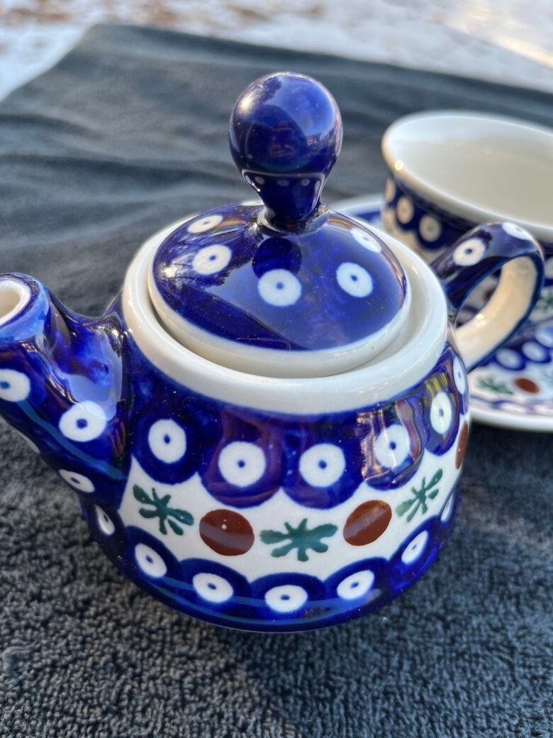 Boleslawiec Polish Pottery Snowflake Teapot Teacup and Saucer Etsy