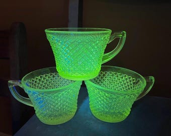 VINTAGE! 3 Manganese Glass Hobnail Clear Glass Teacups