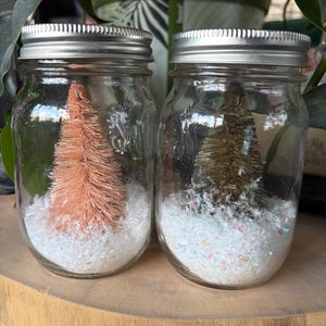 Könnte beinhalten: Zwei Gläser mit silbernen Deckeln, die jeweils einen Miniatur-Weihnachtsbaum und weißen, irisierenden Glitzer enthalten. Ein Baum ist pfirsichfarben, der andere grün. Die Gläser stehen auf einer Holzoberfläche.